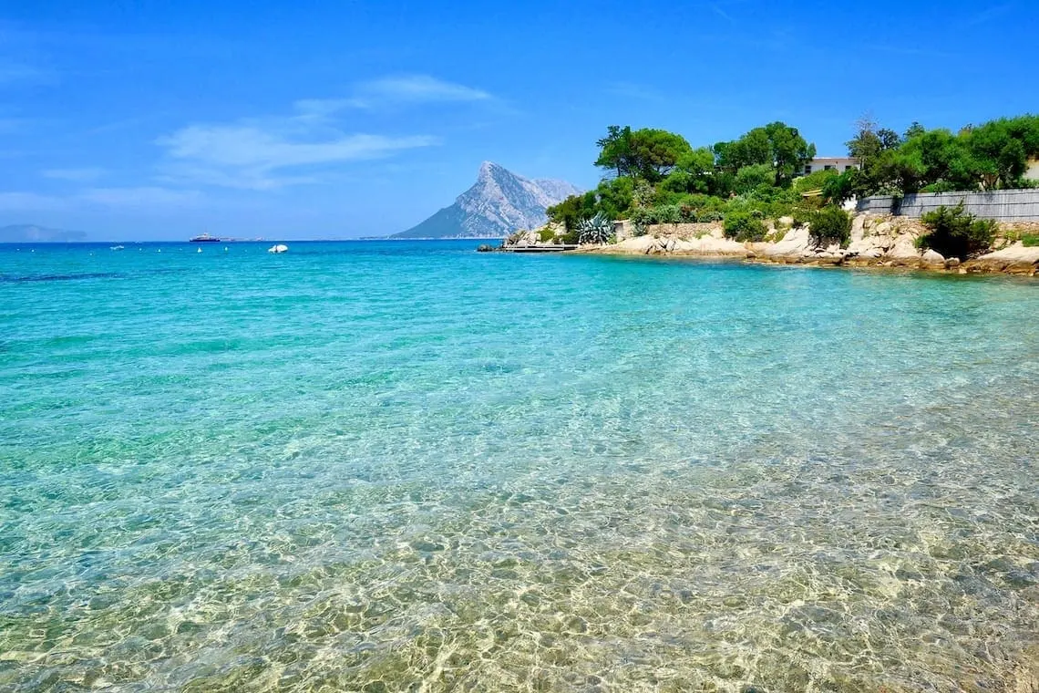 Clear shallow water off a wooded shore with a steep island peak beyond